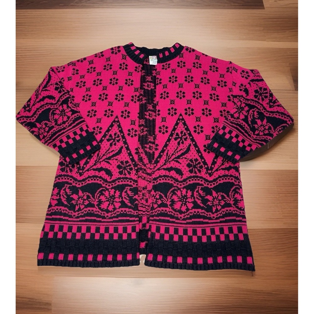 Vintage‎ 80s Made In USA Cherry Stix Ltd Open Front Holiday Cardigan Sweater S~M